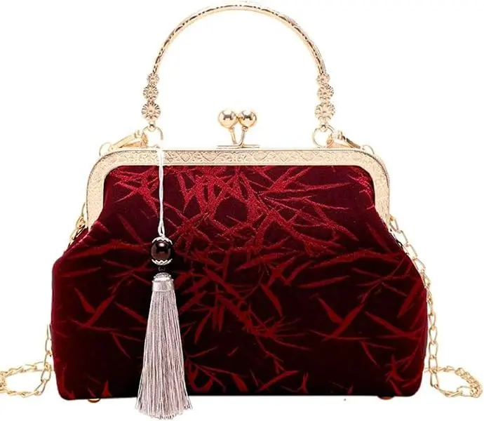 Women's Roomy Hand-Embroidered Beaded Clutch - Vintage Maroon Chinese Jacquard Evening Bag, Detachable Chain for Handheld/Shoulder/Crossbody, Elegant Purse for Wedding, Plants-Themed Accents, Clutch Women's Crossbody & Shoulder Bags