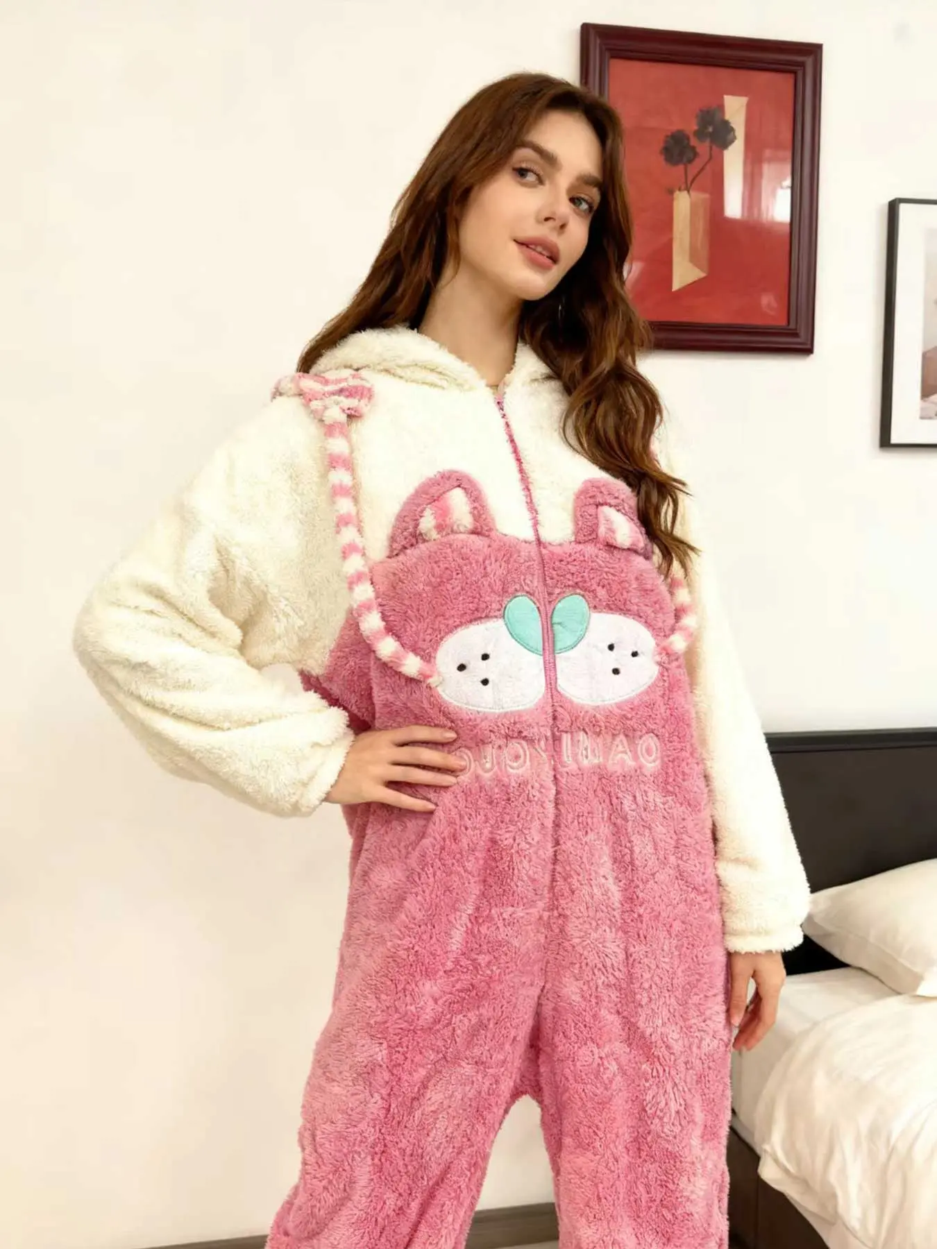 Women's Cute Cat Hooded Jumpsuit Pajamas, Winter Role Play Costume, Christmas Party Casual Wear, Long Sleeve Fitted Sleepwear