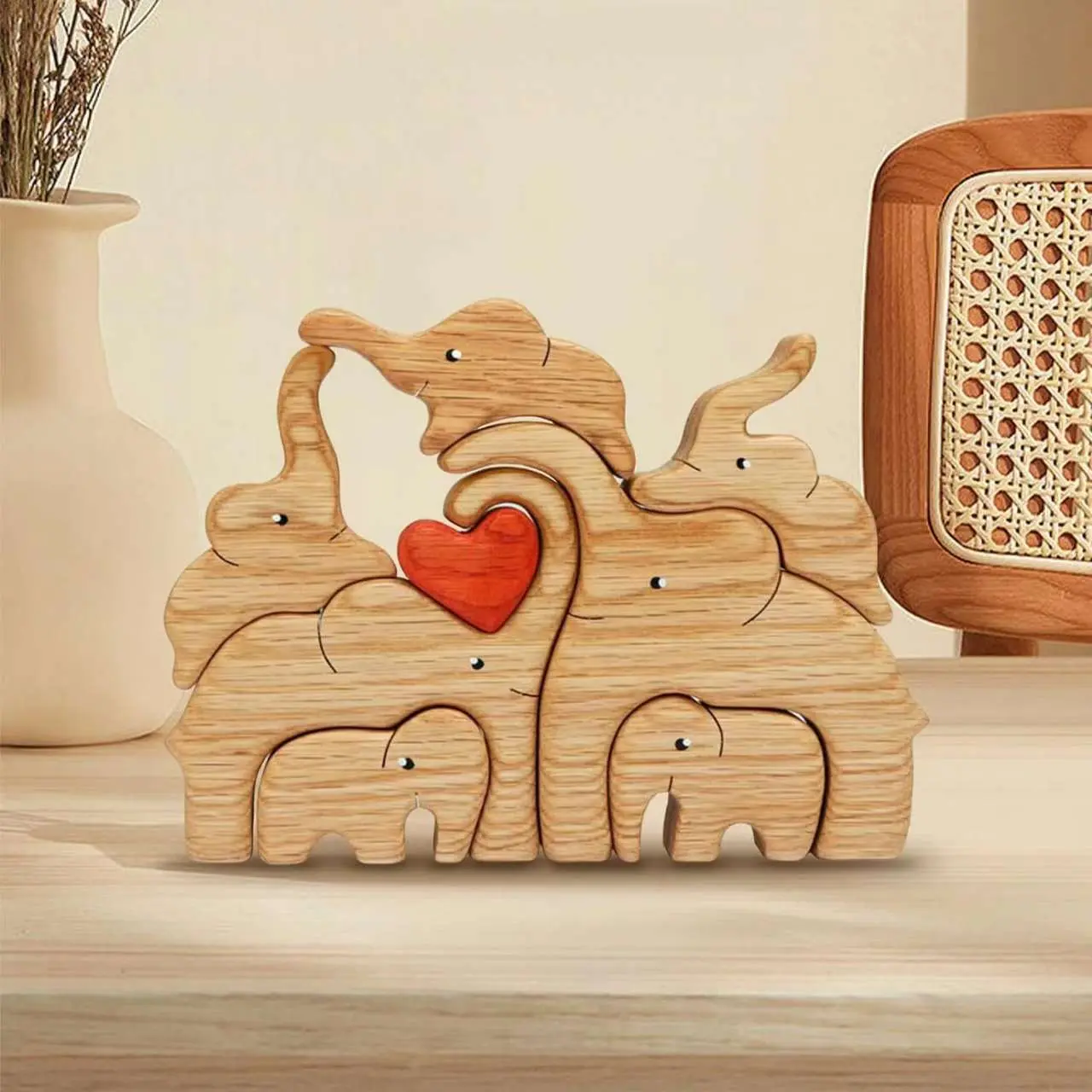 Wooden Elephant Family Puzzle Ornament, Creative Elephant Family Desktop Decoration, Home Decor for Living Room, Bedroom, Office, Wooden Stacking Puzzle, Animal Shape Puzzle, Wooden Puzzles