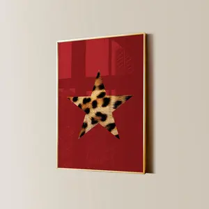 Trendy Leopard Star Print, Retro Star Girl Poster, Funky Y2K Aesthetic Apartment Decor, Vintage Cherry Red Cheetah Bedroom Wall Art