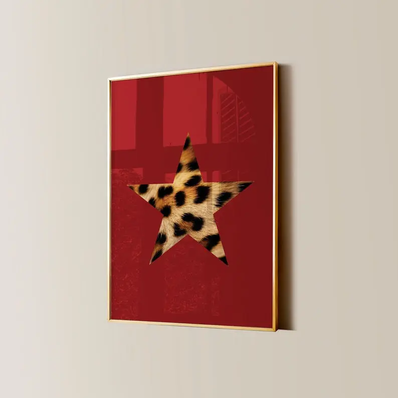 Trendy Leopard Star Print, Retro Star Girl Poster, Funky Y2K Aesthetic Apartment Decor, Vintage Cherry Red Cheetah Bedroom Wall Art