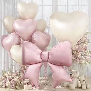 30 Inch Pink White Heart Balloons, Large Bow Foil Balloons, 38'' Giant Bow-Knot Balloon & 18'' Cream Heart Shape Helium Balloon Set