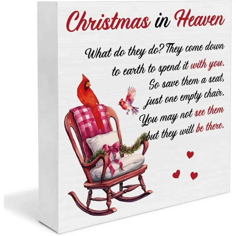 Memorial Christmas Decorations, Memorial Gifts, Christmas in Heaven Wooden Decorative Sign, Christmas Home Decor for Desk Table Shelf 5 x 5 Inches