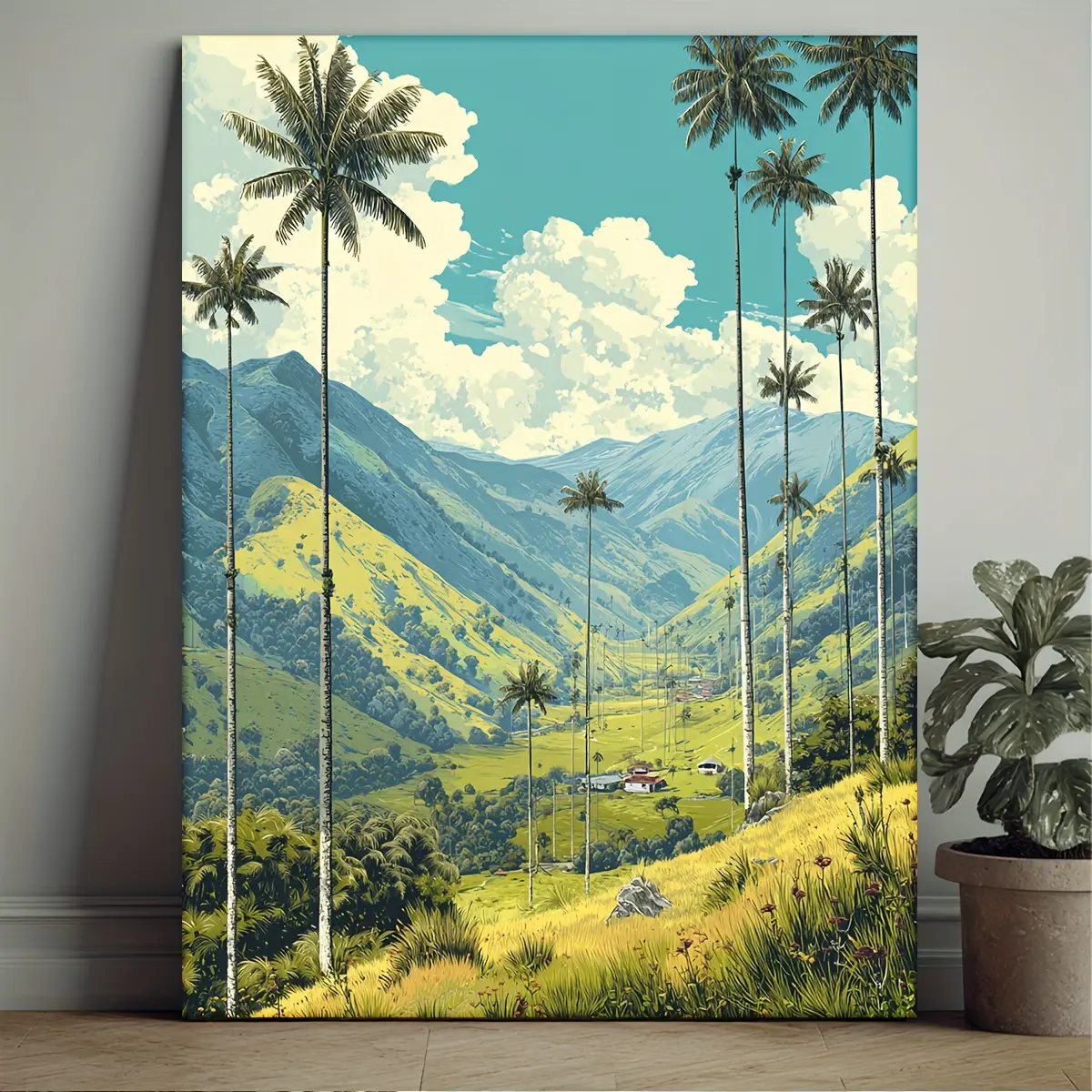 2D print, 2D print, 2D print 1 piece, framed, 30.48X 40.64cm [2D print] Humorous comic art, featuring Valle De Cocora, Colombia, travel poster print, canvas print, panoramic travel art of Colombia, suitable for wall decoration and home decoration