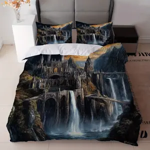 3-Piece Fantasy Castle Black and White Waterfall Pattern Bedding Set (Includes 1 Duvet Cover + 2 Pillowcases, No Core) for Bedroom Decoration