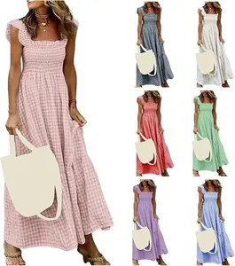Women's Sleeveless Plaid Smocked A-Line Maxi Dress, Casual Wear, Flowy Ruffle Spaghetti Strap Beach Sundress (Sports & Outdoor Clothing)