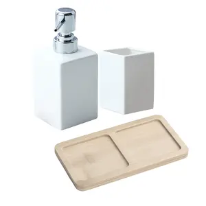 Minimalist Modern White Ceramic 3-in-1 Bathroom Vanity Set - Hand-Held Shower, Soap Organizer Kit, Bamboo Tray, Toothbrush Holder, Reusable Shampoo & Body Wash Dispenser