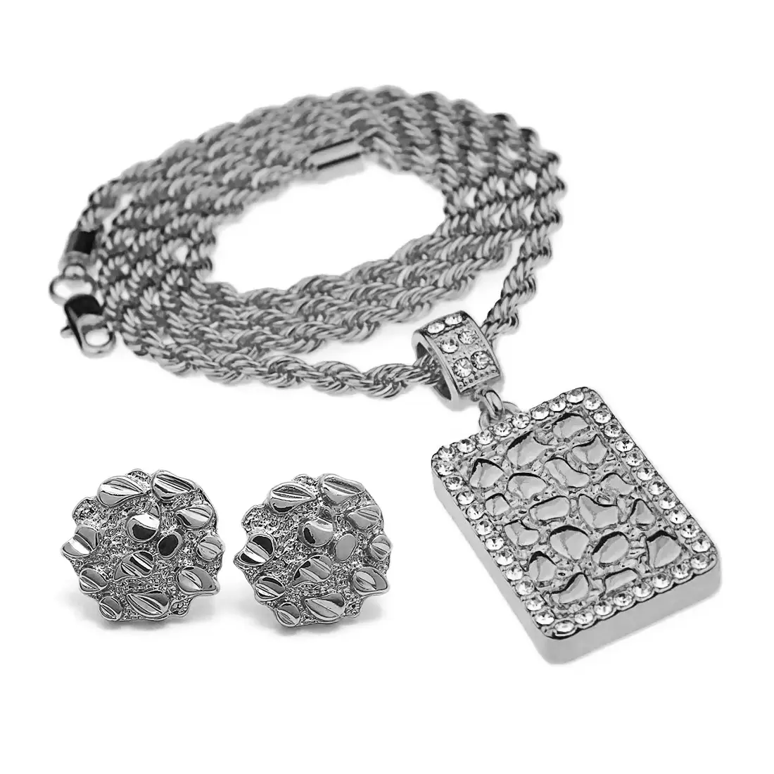 MaxBling81 Unisex Jewelry Set - Mcbling Style Silver-Plated Nugget CZ Pendant, 24" Rope Chain Necklace, and Stud Nugget Earrings, Silver Nugget Earrings
