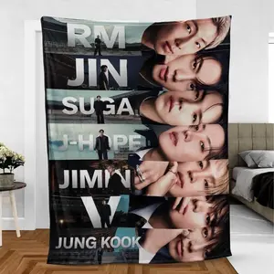 Kpop Members Photo Collage Flannel Blanket, RM Jin SUGA J-Hope Jimin V Jung Kook Portrait Throw, Soft Comfortable Flannel Blanket, Soft Comfy Cooling Sofa Cover Blankets, Fleece Throw for Sofa Bed ARMY Fan Room Decor Gift