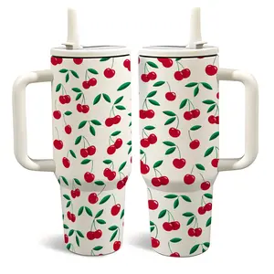 40oz Cherry Pattern Stainless Steel Insulated Cup with Handle and Straw, Dual Wall Vacuum, Keeps Hot 12h Cold 24h Leak-Proof Travel Mug