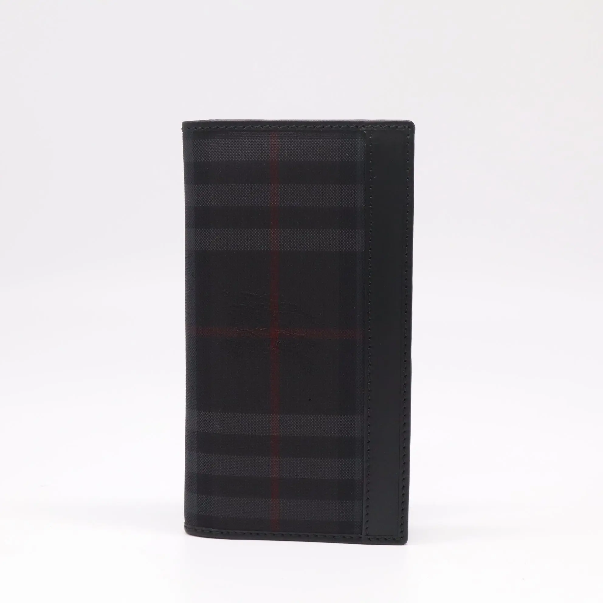 Pre-owned BURBERRY Leather and Canvas Small Leather Goods Charcoal Check London Leather Bifold Long Wallet W22331