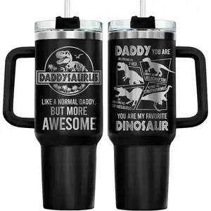 Daddysaurus Themed 40oz Stainless Steel Tumbler with Handle, Lid and Straw, Funny Dinosaur Pattern Insulated Travel Coffee Cup, Practical Drinkware for Hot and Cold Beverages, Ideal Father's Day and Birthday Gift for Papa