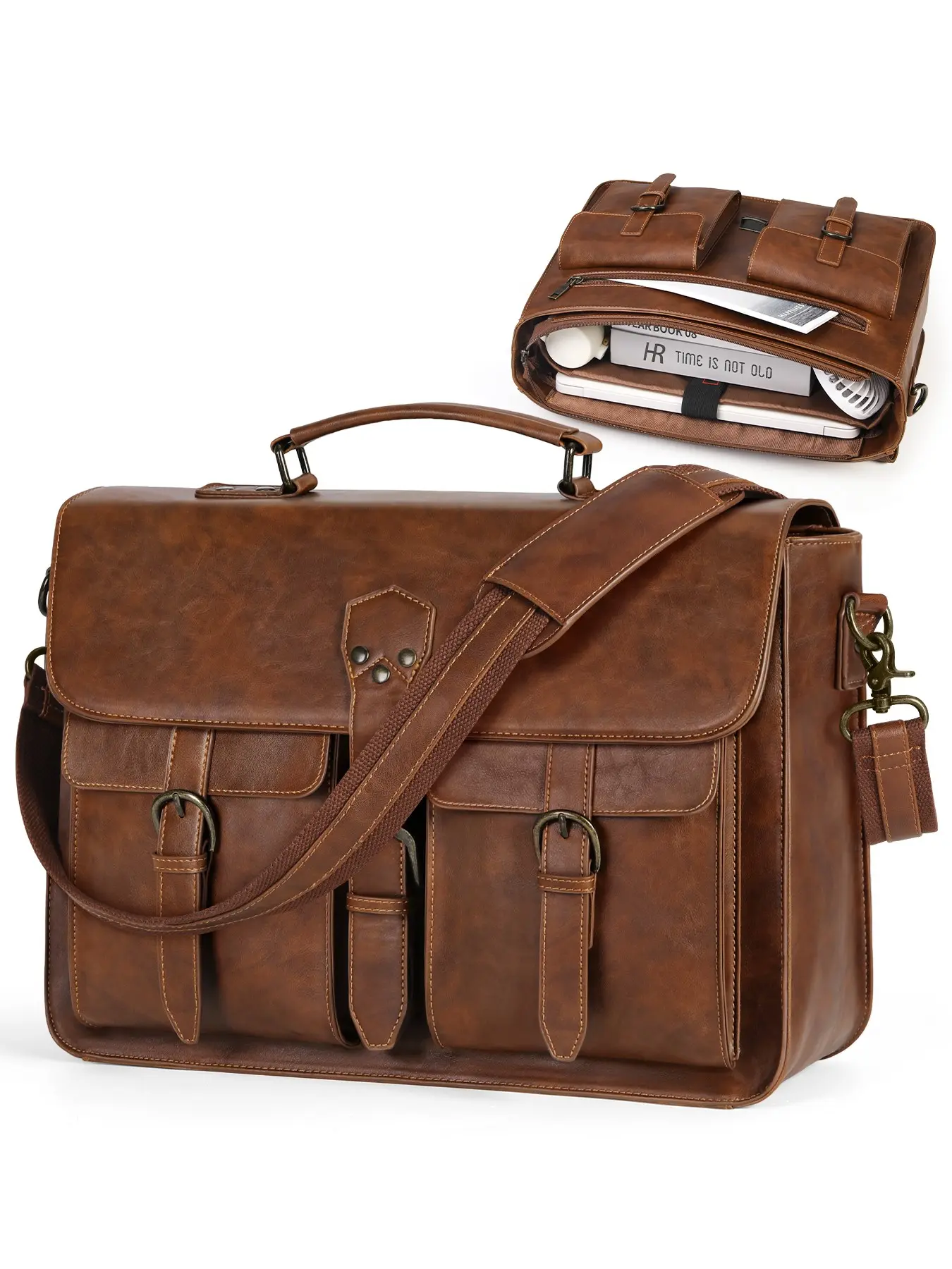 Men's Messenger Bag 15.6 Inch Leather Vintage Laptop Briefcase, Large Capacity Travel Essentials Waterproof Shoulder Strap Bag for Office Commute Travel School