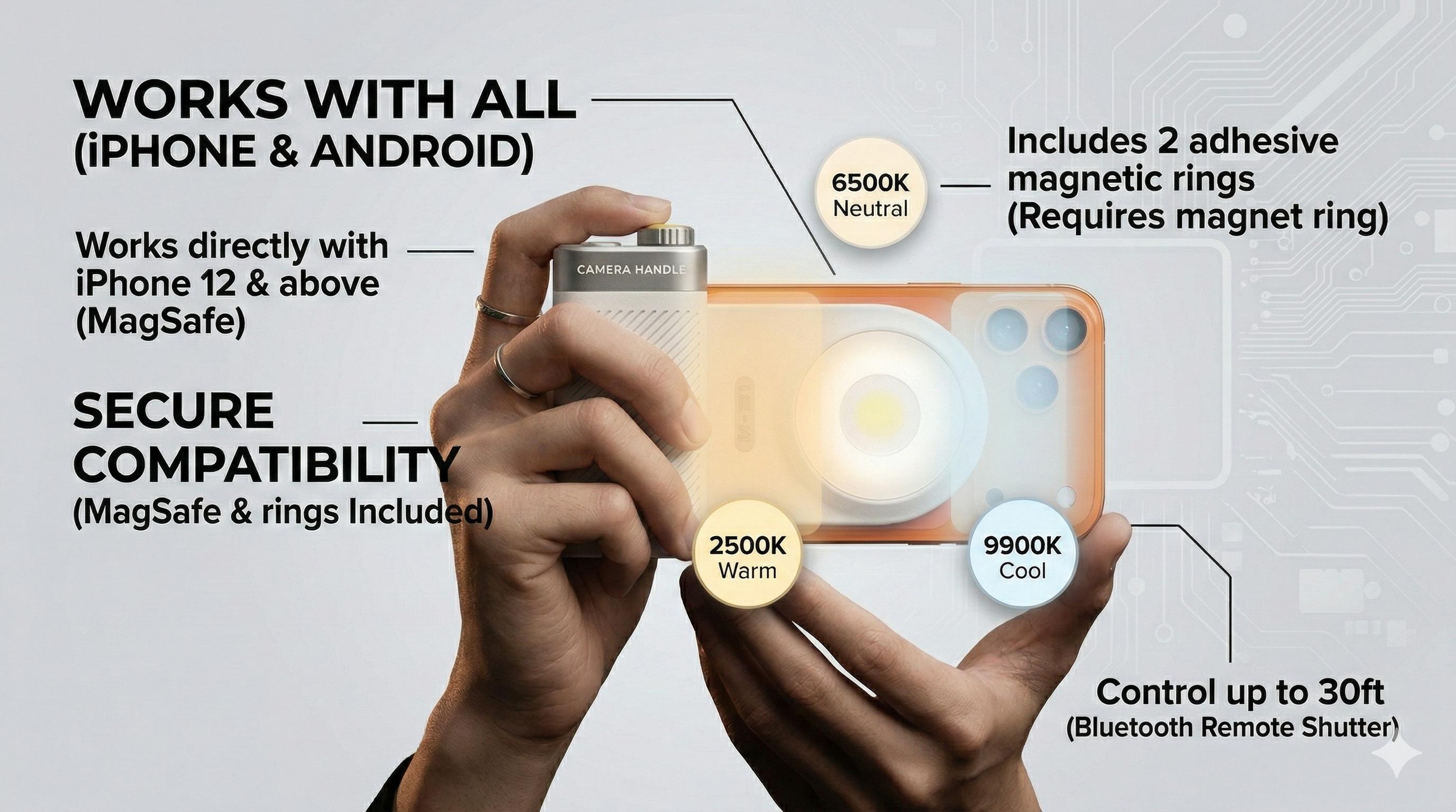 ZHENL M31 Magnetic Phone Camera Grip with 15W Dual Flash, DSLR-Style Shutter Handle for Magsafe iPhone 17 16 15 Pro Max & Android, 360° Rotating Fill Light & Bluetooth Remote - Professional Content Creator Kit for TikTok/Vlog Rechargeable Multifunctional