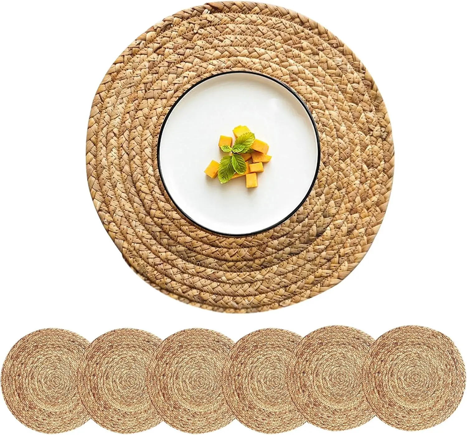 Woven Placemats Round Placemats Set of 6, 14 Inch Wicker Placemat Circle Rattan Placemats Farmhouse Boho Braided Natural Water Hyacinth Place Mats for Indoor & Outdoor Table Decor