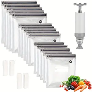 20-Pack Reusable Vacuum Bags for Food Storage, Includes a Hand Pump for Sealing. Ideal for Preserving Fruits and Cooked Foods, These Bags are Perfect for Organizing Your Kitchen and Storing Food in the Refrigerator