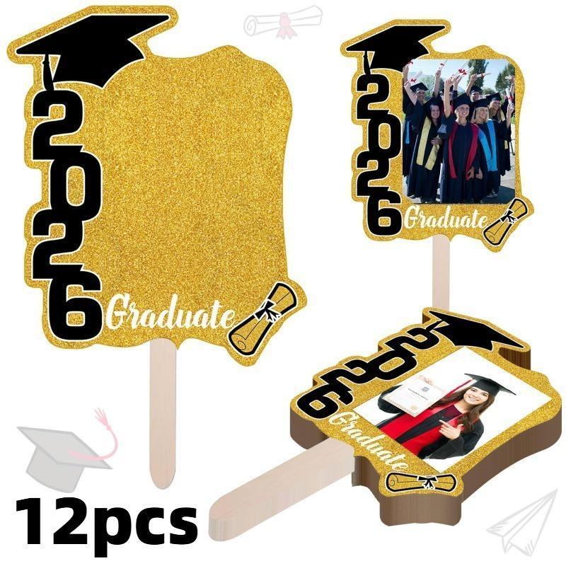 12pcs 2026 Graduation Folding Fan And Photo Frame Photo Props, Graduation Photo Handheld Signs Party Decor, Graduation Ceremony And Stage Layout, Ideal for Graduation Celebrations, Class Group Photos, Teacher Appreciation Banquets