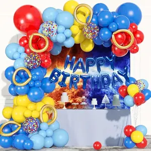 Vibrant Red Yellow & Blue Sonic Birthday Party Balloon Garland Kit 123pcs HAPPY BIRTHDAY Foil Balloons Assorted Sizes Latex Confetti for Festive Decorations Perfect for Carnivals