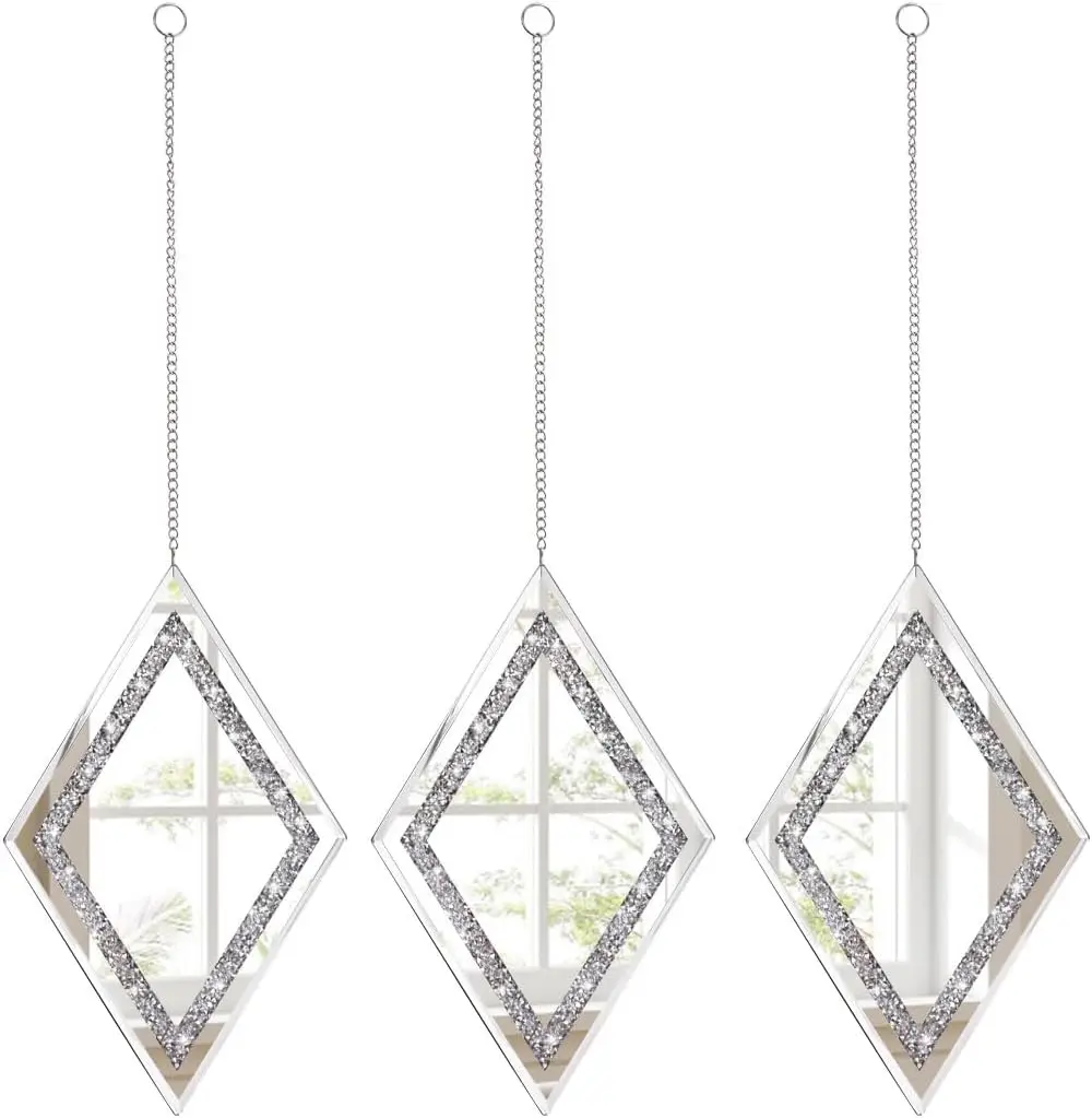 Silver Diamond Shaped Wall Mirror Set of 3, Decorative for Bedroom, Hallway Acrylic Elegant