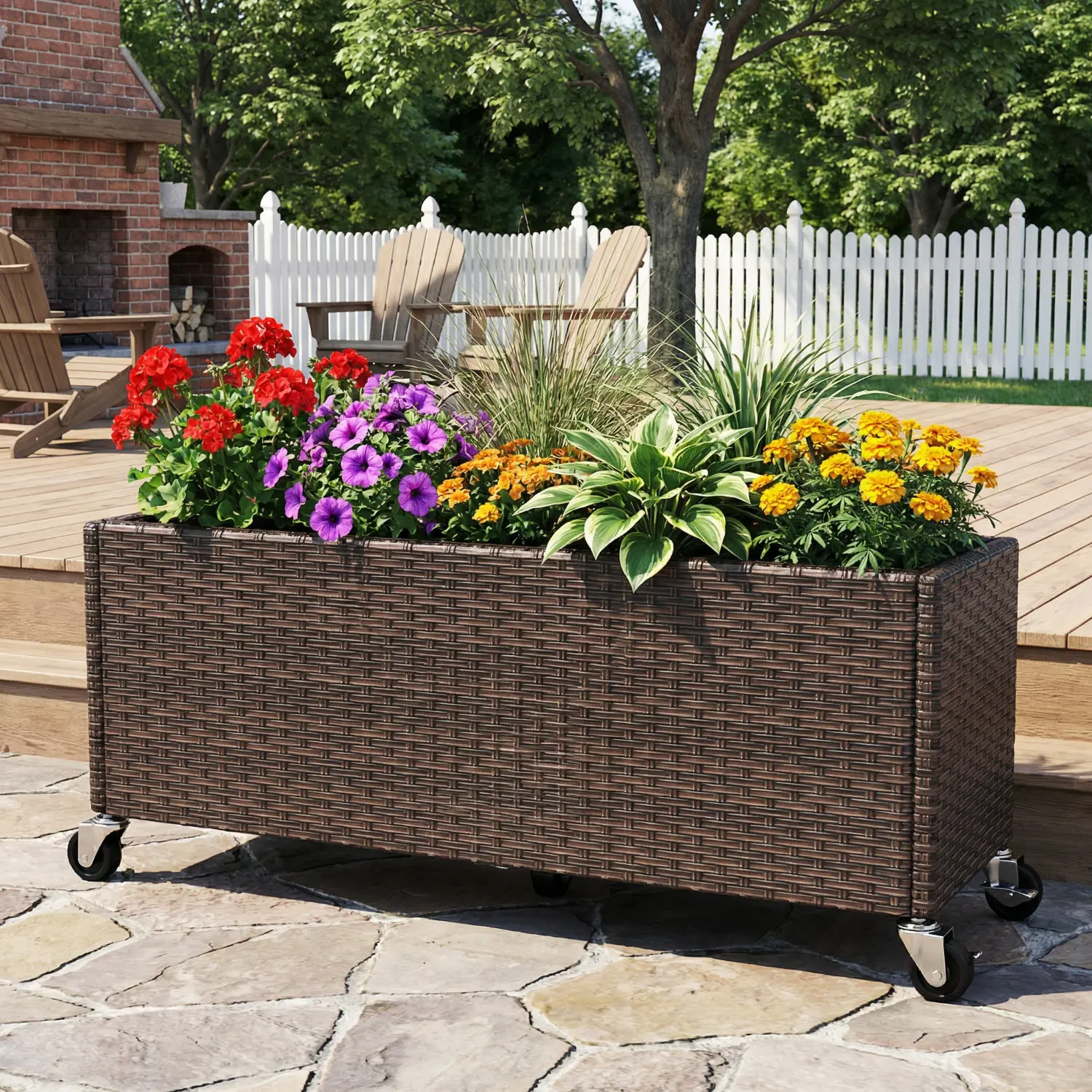 Spaco Rectangular Outdoor Raised Garden Bed - PE Rattan Wicker Elevated Outdoor Planter Box with Wheels, Leak-Proof Soil Separator Liner, Crack-Resistant for Vegetable Garden Plant Care & Support