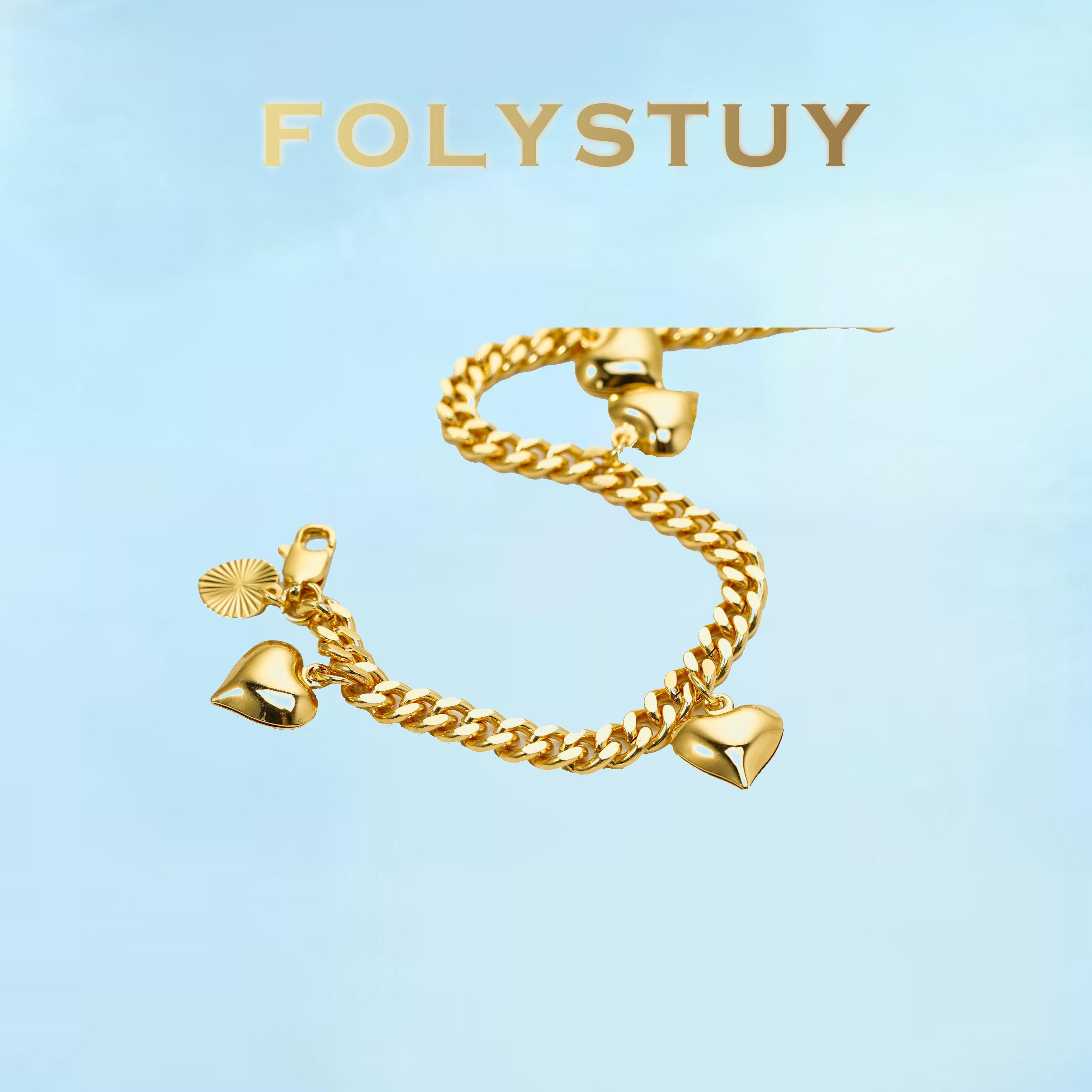 [FOLYSTUY (W161)]Cuban Link Chain Bracelet with Multiple Heart Charms, 0.2" Width 7.48" Length, Elegant Statement Wrist Bangle for Daily Wear & Gifting