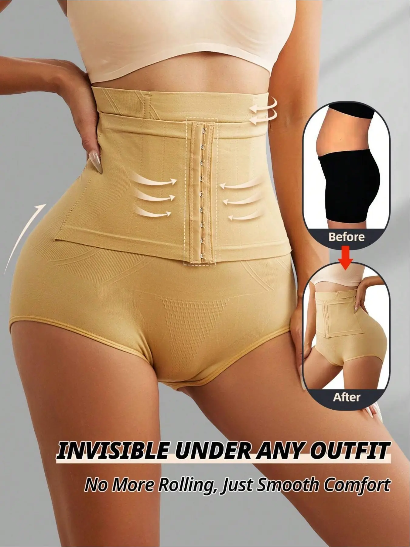 Brand High Compression Waist Trainer Faja Invisible Shapewear for Women - Tummy Control Body Shaper with Adjustable Double Belt, Seamless Smooth High Waist Butt Lifter Underwear Panty for Postpartum & Daily Wear