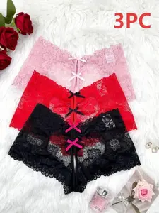 Women's Lace High-Waisted Underwear Set, Panties, Fit, Bow Tie Design, Hollow Out Lace Detail, Daily Wear & Lingerie Style, Everyday