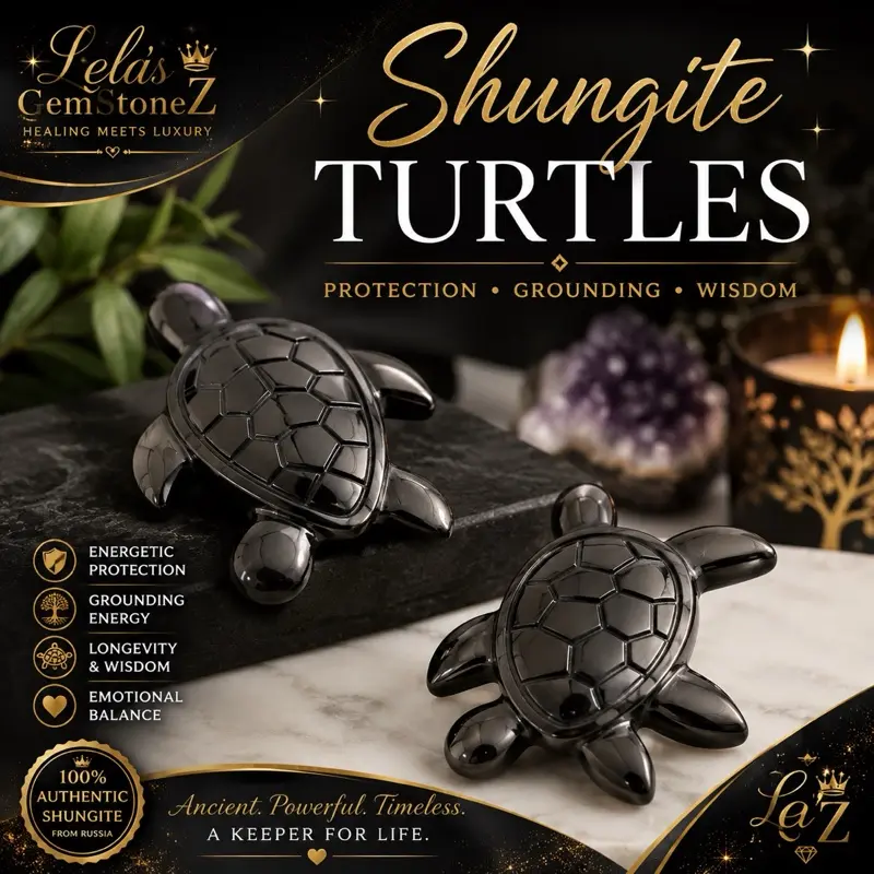 Lela's GemStoneZ Authentic Russian Shungite Sea Turtle Hand Carved Collector Grade High Polish Deep Charcoal Black Symbolism Wisdom Protection Perseverance Safe Journeys unique crystal