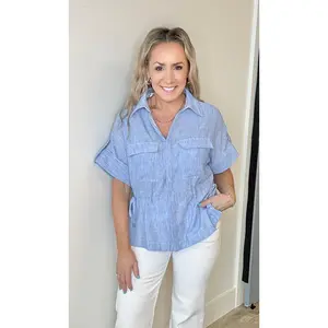 Wendy Cinched Waist Chambray Top Blue