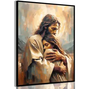 Jesus Embracing Woman Wall Art - Safe Haven Poster & Canvas Prints - Christian Spiritual Painting - Bible Art - Un Wall Decor for Bedroom, Living Room & Church