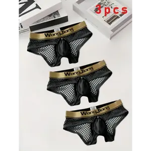 3pcs Men's Sexy Fishnet Detachable Pocket Briefs, Stylish Letter Belt Underwear