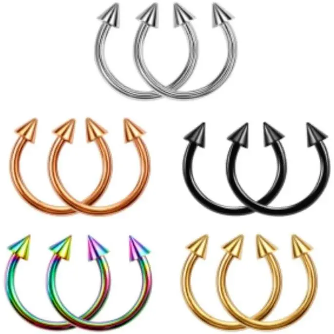 5 Pairs G23 Titanium Horseshoe Septum Rings, 16G Nose Rings, Ball/Spikes Horseshoe Circular Barbell Septum  Set for Women Men 8mm //Black/Rose/Rainbow