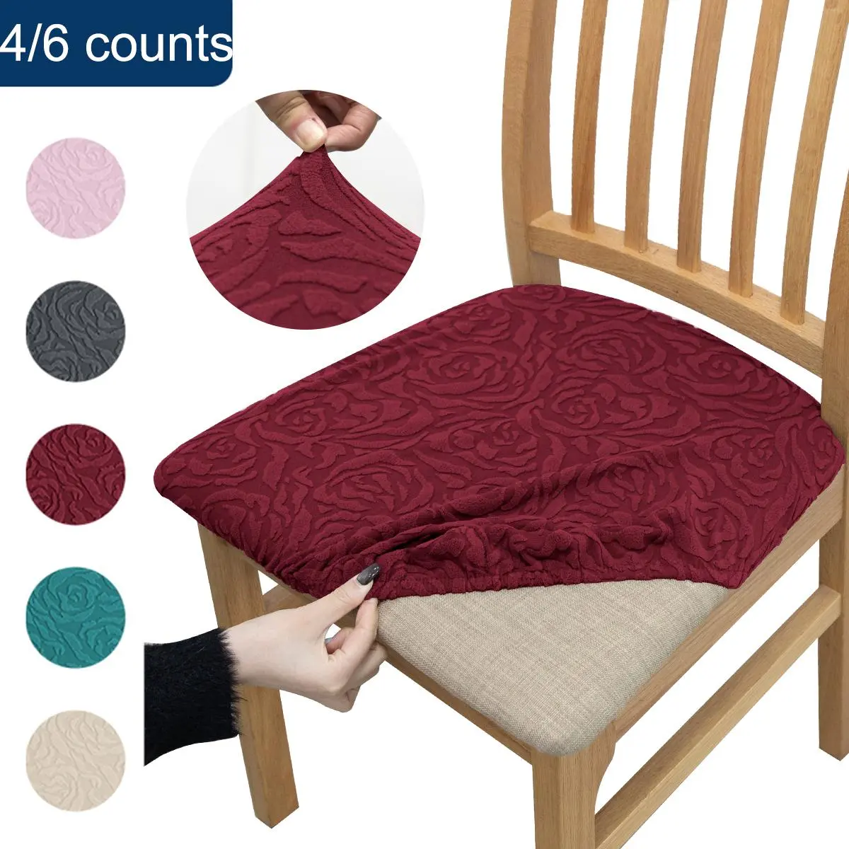 Rose Jacquard Chair Cover, 4/6 Counts Solid Color Chair Seat Cover, Non-slip Chair Seat Protector, Home Chair Cover for Dining Room, Dining Chair Slipcover, Dining Chair Seat Covers