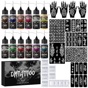 Temporary Tattoo Kit 12 Bottles Colors Temporary Tattoo Ink 13 tattoo Stencils,DIY Body Art Skin Painting Designs for Women Men Kids Party Gifts