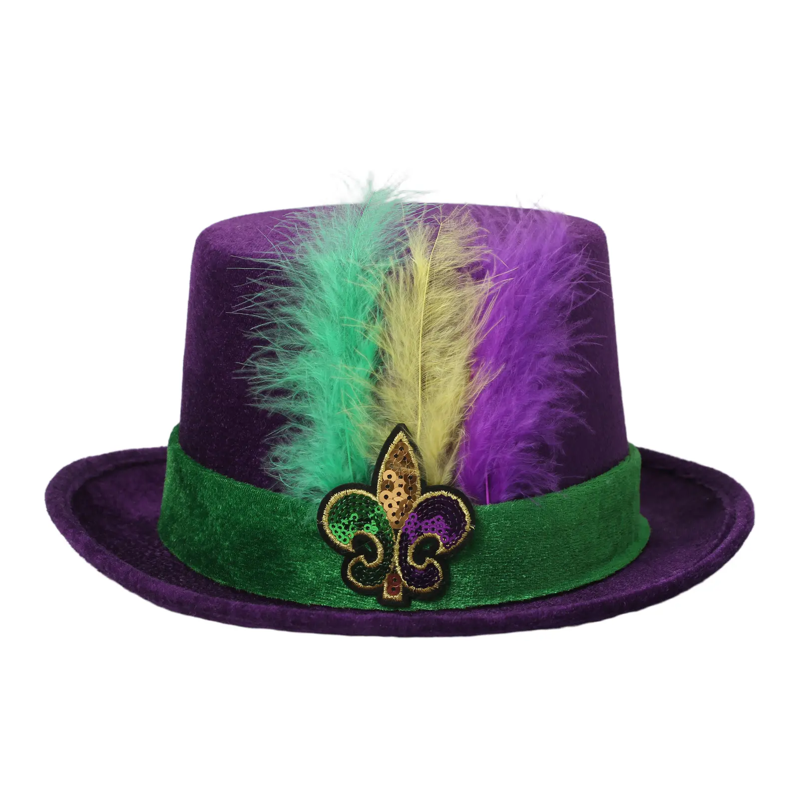 OIDEA Mardi Gras Velvet Top Hat for Adults - 1.97in Brim, 22.06-22.85in Circumference, 4.53in Height, Adjustable, Feathers & Iris Sequin Accents, Iris-Shaped Sequin Accents, Party Accessory for Mardi Gras Enthusiasts, Arrives Ready to Wear, Street