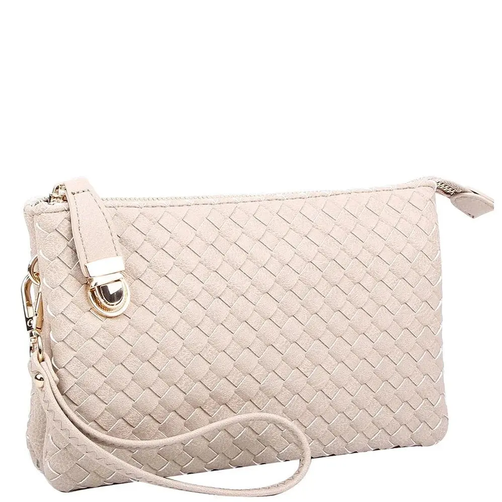 Women's Casual Woven Crossbody Bag with Buckle Detail and Wrist Strap