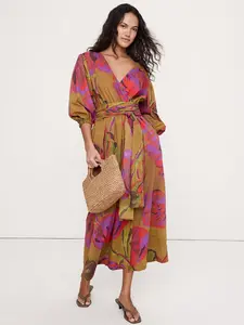 Lightweight Cotton Wrap Maxi Dress Color Tan Floral