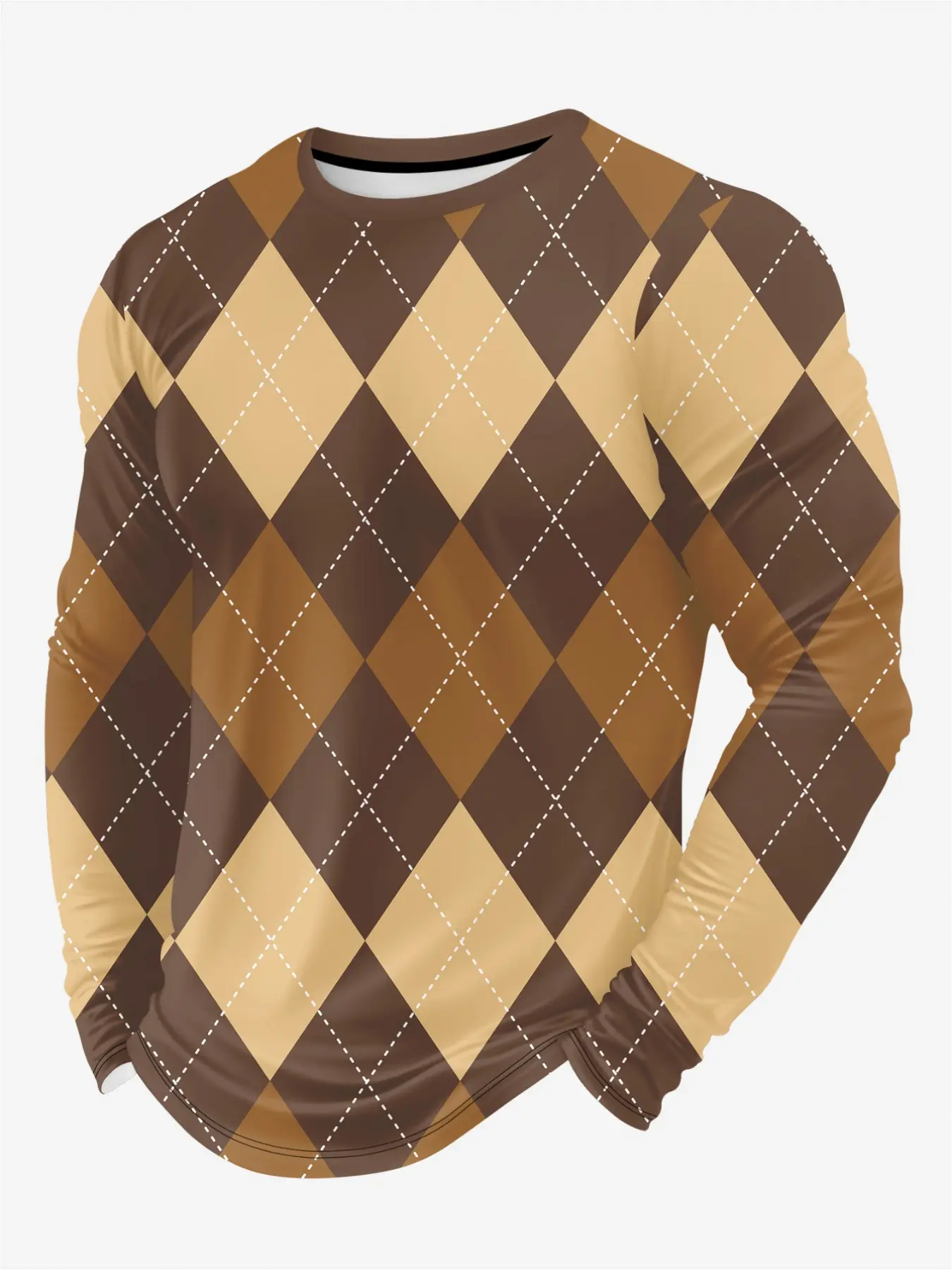New retro long-sleeved T-shirt, men's autumn and winter spliced argyle round-neck pullover sweater, loose men's clothing