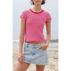 John Galt Women's Red Hailie Striped Short Sleeve Crop Top