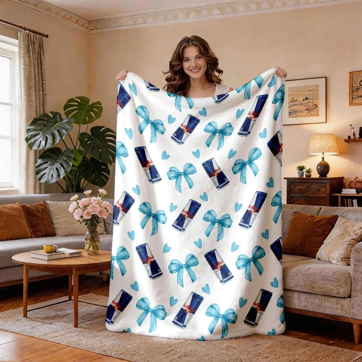 Red Bull Energy Drink Pattern Flannel Fleece Blanket with Blue Bows & Hearts, Soft Lightweight Breathable Throw for Sofa, Coquette Aesthetic Preppy Gift for Women Fans, Cozy Chic Blanket, Print Throw Blanket, Soft Comfy Blanket