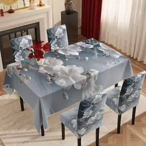 5pcs/7pcs Tablecloth and Chair Cover Set, Elegant Gray Tone White Floral Printed Tablecloth Chair Cover Combo, Stretch Chair Slipcover for Dining Table Decoration, Marble Pattern, Suitable for Dining Room / Kitchen / Banquet, 2D Flat Printing