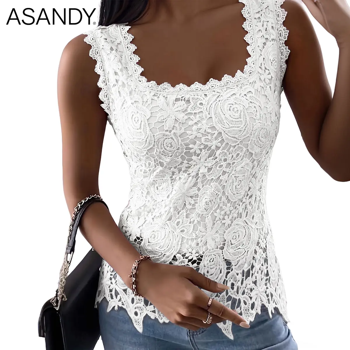 ASANDY Women's Cami Top, Sexy Rose Floral Lace Square Neck Top, Slim Fit Sleeveless Design for Layering, Layering Ready, Chic, Fitted, Lace Tank Top