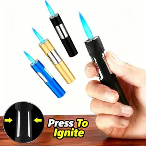 Windproof Portable Butane Torch Lighter with Push Button One-Finger Ignition, Adjustable Blue Flame - Wind-Resistant Outdoor Lighter Suitable for Camping, Candle Lighting, Refills (Butane Gas Not Included)
