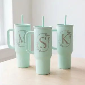 Sandjest Mint Personalized Initial 40oz Tumbler with Straw & Handle Stainless Steel Insulated Vacuum Cup, Home School Office Gift for Her Mother's Day
