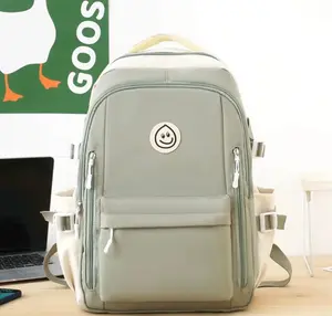 Casual Neutral Green Durable Versatile Backpack - Lightweight Design, Padded Straps, Zipper Closure, Smiley Patch, Multiple Zippered Pockets