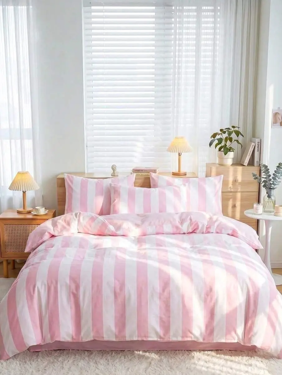 Pink White Striped Duvet Cover Set, 2/3 Piece Minimalist Bedding Set, Soft Breathable Anti-Pilling Quilt Cover with Pillowcases, All Season