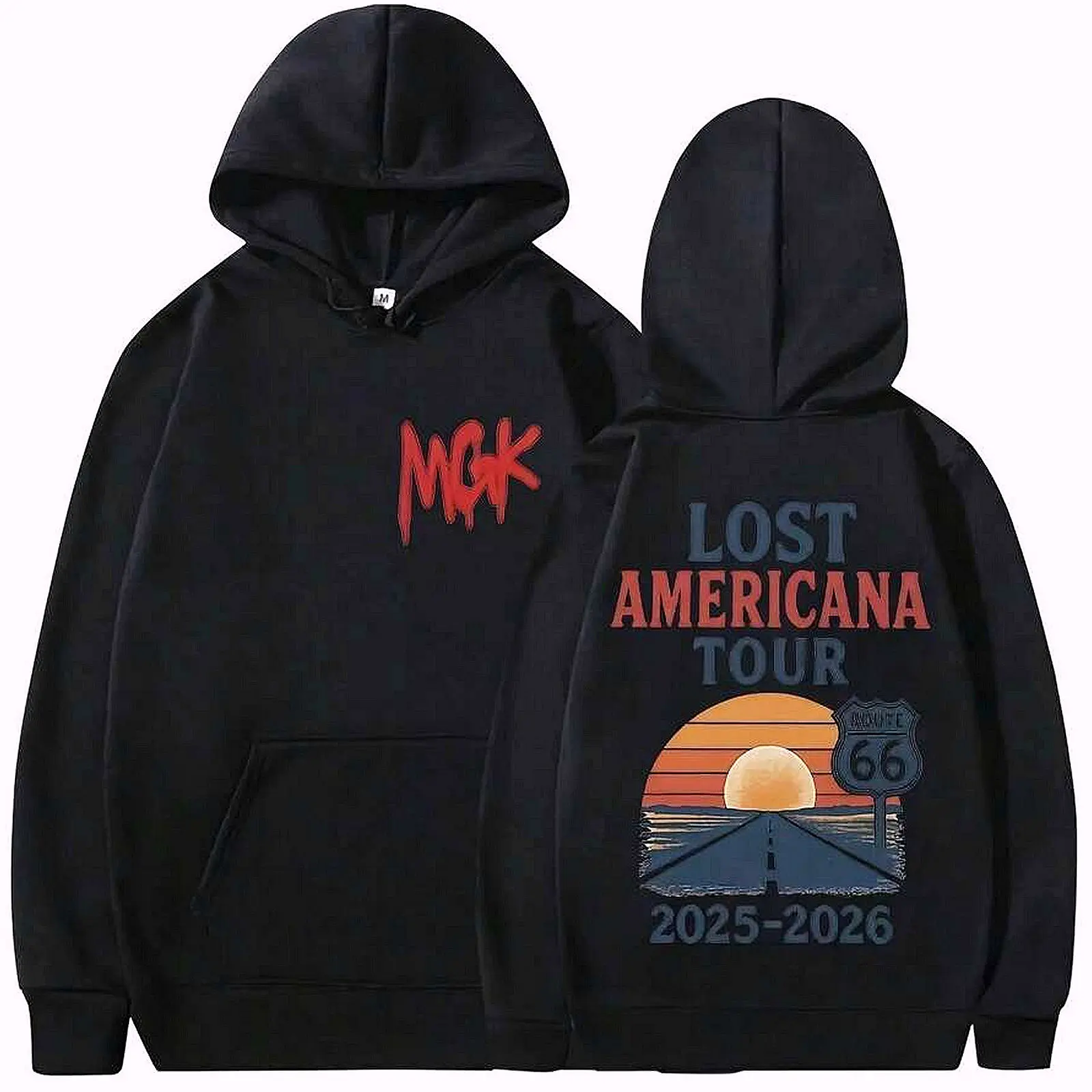MGK Lost Americana Tour 2025–2026 2-Sided Pullover Hoodie, Route 66 Graphic Fleece Sweatshirt, Casual Streetwear, Perfect Gift
