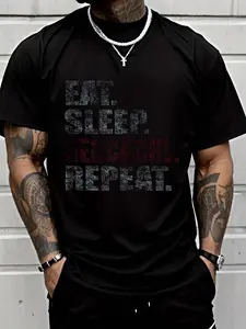 100% cotton Eat Sleep Geocaching Distressed T-Shirt Men Graphic T-Shirt Cotton Print short Sleeve Casual Top, Summer Tee Mens Tops