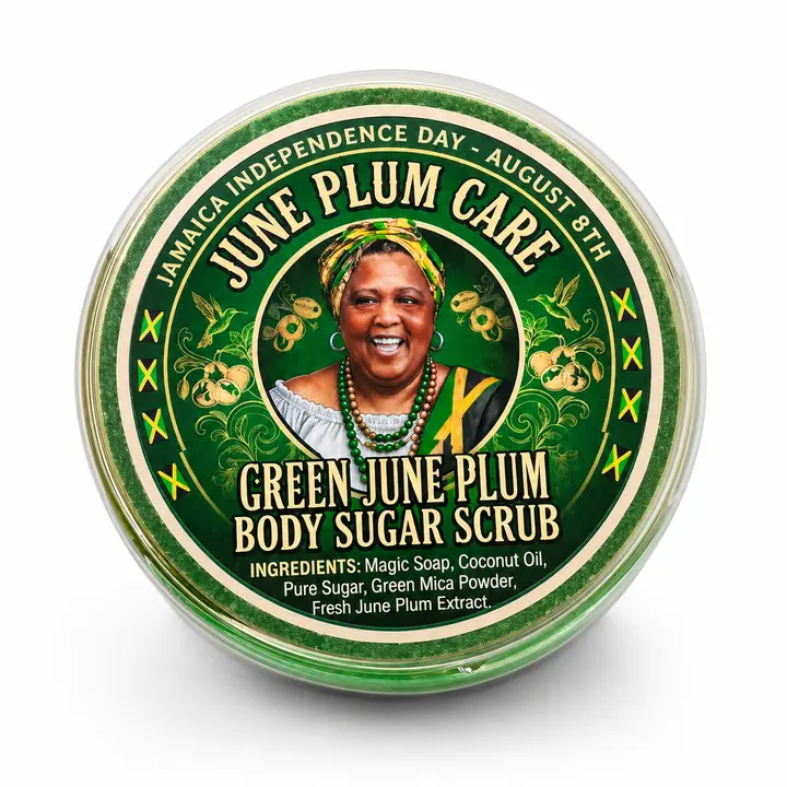 Green June Plum Body Sugar Scrub - Jamaican Gentle Exfoliating Body Care Scrub Infused with Coconut Oil, Powder Blend for Skin Brightening, Creamy Warm Smoothness