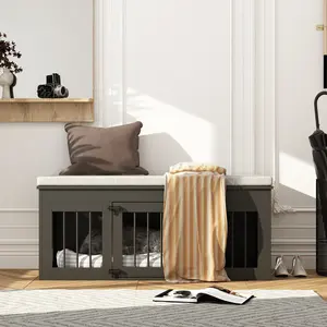FUFU&GAGA 47" Dog Crate Bench with Cushioned Top Seat, Indoor Wooden Pet Kennel End Table with Double Slatted Doors, Heavy Duty Dog House Furniture for Small Medium Dogs, Dark Gray